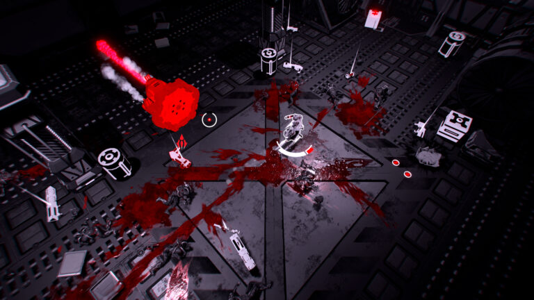 Screenshot of the player fighting a charger robot.