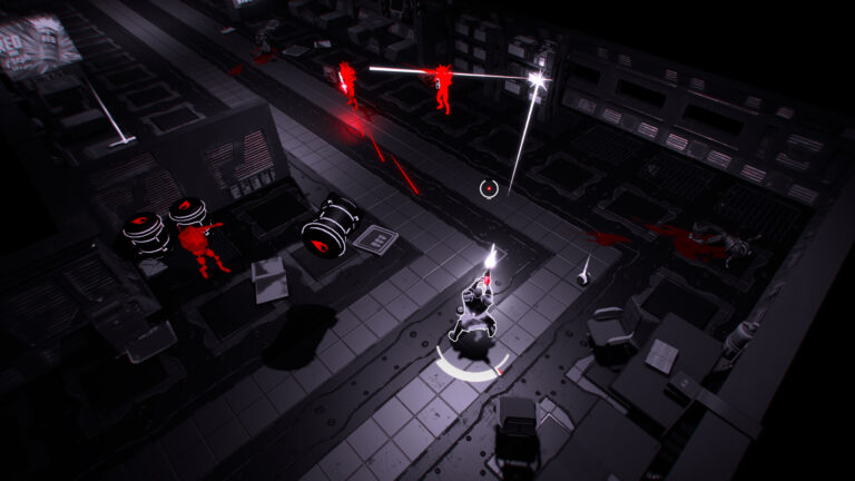 Screenshot of the player fighting several enemies, bouncing bullets off the wall.